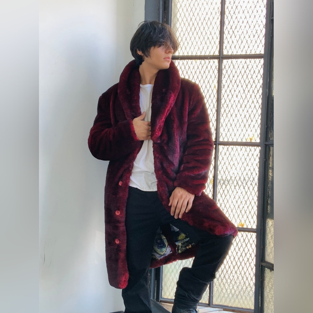 Men's Manzini Burgundy | Black Faux Fur Overcoat NWT